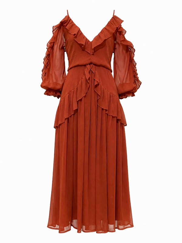 【新品DRESS 965】オープンショルダーシフォンペプラムフレアミディアムドレス オレンジブラウン【asos】